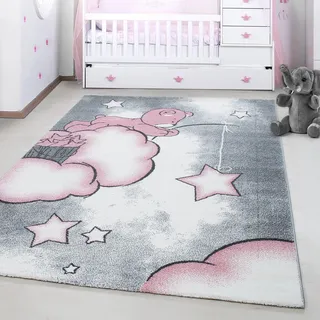 Ayyildiz Teppiche Kinderteppich "Kids 580" rechteckig 12 mm Höhe auch in rund, Teddybär, Sterne Design, Kurzflor, pink, grau