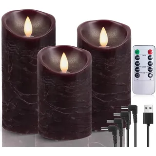 AiiBowy LED Kerzen Aufladbar Echtwachs 3er-Set mit timerfunktion, Flackernde Flamme, LED Kerzen Adventskranz, LED Stumpenkerzen Outdoor für Halloween Weihnachten Party Dekoration Rot