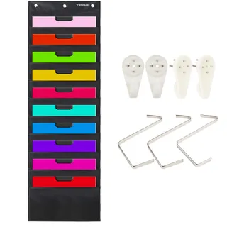 Organizer mit Aufbewahrungsfächern zum Aufhängen an der Wand mit 10 großen Taschen für das Büro, Zuhause, Schule, Studio, etc.; 36 x 119 cm, schwarz; mit 3 Aufhängern und 4 Haken.