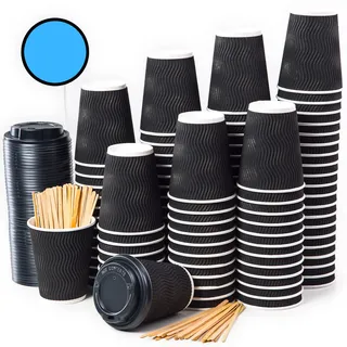 100 Black Ripple Triple Walled Paper Cups to Go 12 Oz / 360 ml with Lids and Wooden Stirrers for Serving Coffee, Tea, Hot and Cold Drinks