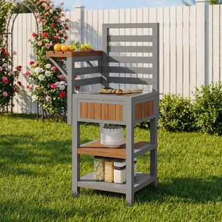 MODFU Outdoor Gartenschrank mit doppeltem und Edelstahl-Arbeitsfläche Geräteschrank Grillstation mit zusätzlichem Stauraum Natur