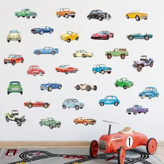 FUFUQUARE Classic Car Wandtattoo Rennauto Wandaufkleber Wasserfarben Autos Wandsticker Wanddeko für Kinderzimmer Jungen Babyzimmer Schlafzimmer