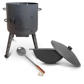Utschak Feuerofen mit Gusseisen Topf flacher Boden mit Deckel 12 L Ø 40 cm Kazan Schaumlöffel für Plov 48 cm Учаг Uchag казан Kasan Oven (Set 2)