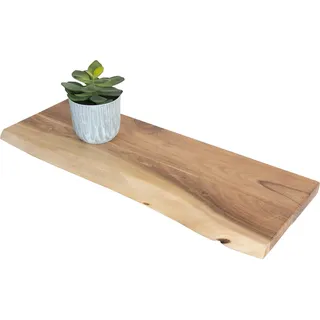 Wandregal Akazienholz natur massiv 70x20 cm Holzregal Steckboard Baumkante AMANDA - Hellbraun, Naturbelassen, Beige