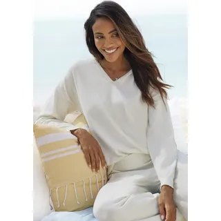 Strickpullover LASCANA "/ Loungepullover", Damen, Gr. 36/38, beige (cream), Obermaterial: 50% Viskose, 28% Polyester, 22% Nylon, unifarben, Basic, bequem hüftlang, V-Ausschnitt, Rippbündchen, Pullover Strickpullover, aus weicher Viskosemischung, Loungewear