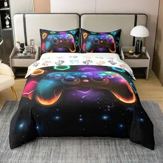 Homewish Gamer Baumwolle Bettwäsche 135x200 Jungen,Gaming Bettbezug für Jungen Teenager,Farbe Gamepad Bettwäsche-Set Moderne Videospiele Geometrisches Sternenhimmel Gedruckt Spielzimmerdeko 2 Stücke