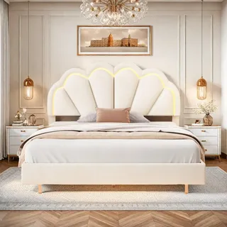 Gepolstertes Kinderbett 140 x 200 cm, Doppelbettgestell mit beigefarbenem Kunstlederbezug und LED-Beleuchtung, Lattenrost und Rückenlehne (Matratze nicht im Lieferumfang enthalten) - Beige