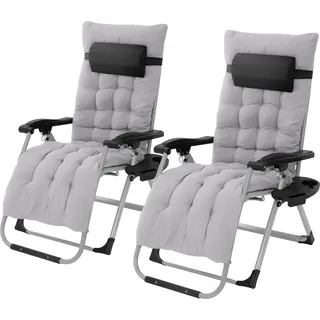 Hauki 2er Set Sonnenliege aus Metall, Grau, mit Polster, Nackenkissen & Getränkehalter - Grau