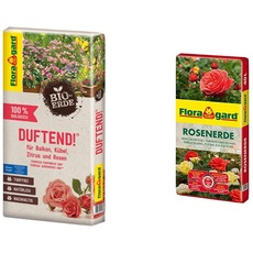 Floragard Bio-Erde Duftend 1x40 Liter - für Rosen, Balkonpflanzen, Kübelpflanzen und Zitruspflanzen & Rosenerde 40 Liter - torfreduzierte Spezialerde mit Ton für Rosen im Garten und im Kübel