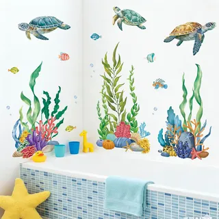 SHUCHING Wandtattoo Meer Schildkröten | Wandsticker Seetang und Koralle, Selbstklebende Wandaufkleber für Badezimmer Kinderzimmer Glas