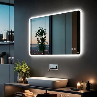 MIQU LED Badspiegel mit Beleuchtung 100x60 cm Badezimmerspiegel, Bad Groß Spiegel mit Touch Dimmbar Warm/Weiß Licht Beschlagfrei Wandspiegel für Badezimmer, WC, Flur Rechteck runden Ecken