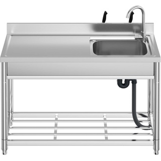 Freistehende Edelstahl Spültisch Gastro 1 Becken (Rechts), 120×50×94 cm Gewerbliche Spülbecken mit Wasserhahn mit Kalt und Warmwasserschläuchen, Ablassvorrichtung, für Außen, Innen, Küche, Restaurant