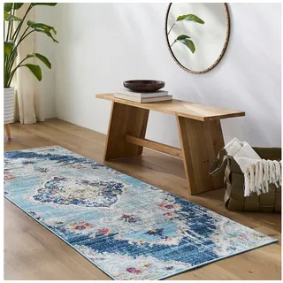 livabliss Teppich ADEN, rechteckig, Höhe: 10 mm, Vintage Orientteppich, Kurzflor Boho Wohnzimmerteppich, Läufer blau 80 cm x 220 cm x 10 mm