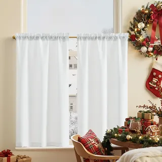 TOPICK Scheibengardine Leinenoptik Bistrogardine 2er Set 90Hx90B cm Uni Kurzer Küche Vorhänge Gewebe Gitter Lichtdurchlässig Paarig Schals für Wohnzimmer Landhaus Kleine Fenster Weiß