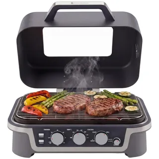 KitchenBrothers Elektrogrill für draußen - BBQ - Tischgrill Elektrisch | Einstellbar von 90–250 °C, Timer bis 120 Min., Sichtfenster im Deckel, kompaktes, ideal Tischformat