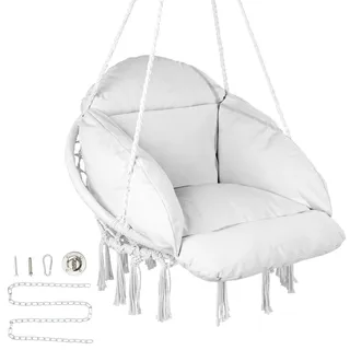 Vevor Hängesessel, Makramee-Hängesessel mit Kissen und Befestigungsmaterial, Baumwollseil-Schaukelstuhl für Schlafzimmer, Balkon, Terrasse, Garten, 120 kg Tragkraft, weiß