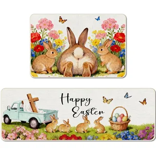 Osterdeko Fußmatte für Innen & Außen, 2 Stück Ostern Fußmatte Willkommensmatte, Frühling Frohe Ostern Häschen Teppich Rutschfest Küchenteppich für Osterdeko Heimdeko Oster Party Hochzeit Deko (C)