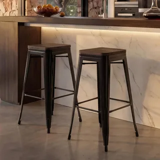 2er-Set Barhocker HWC-A73 inkl. Holz-Sitzfläche, Barstuhl Tresenhocker, Metall Industriedesign stapelbar schwarz - Schwarz