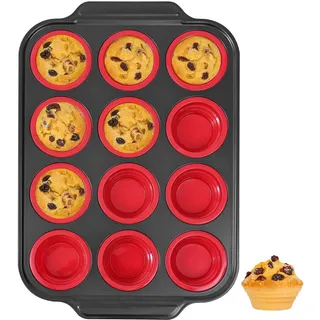 Toptrend Muffinform Silikon mit Metallrahmen, Muffin Backblech 40 x 27 cm, beschichtet, Standardgröße, Cupcake Formen, Muffinblech für 12 Muffins, Rot