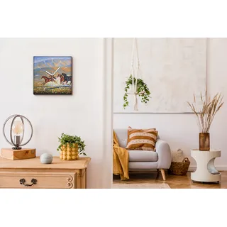 Coloray Uhr auf Leinwand 30x30 cm Wand Uhr Dekoration Wohnzimmer Segeltuch weiße Zeiger -Pferde Vögel Tiere. - Braun