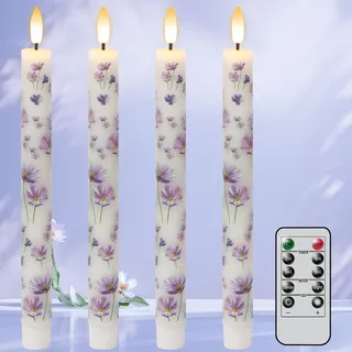 Eldnacele Lila Blumen Flammenlose Stabkerzen mit Timerfunktion & Fernbedienung, 3D Docht, Flackernd, LED Stabkerzen Batteriebetrieben für Feste, Tisch & Weihnachtsdeko