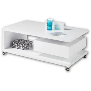 Stella Trading MILAN Moderner Couchtisch auf Rollen in Hochglanz weiß - mobiler Sofatisch mit Ablage & Schublade für Ihren Wohnbereich - 110 x 41 x 60 cm (B/H/T)