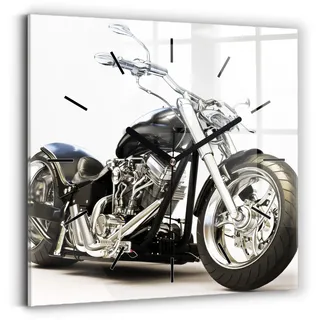 Wallfluent Wanduhr – Stilles Quarzuhrwerk - Uhr Dekoration Wohnzimmer Schlafzimmer Küche - Zifferblatt mit Striche - schwarze Zeiger - 30x30 cm - Schwarzes Motorrad - Schwarz