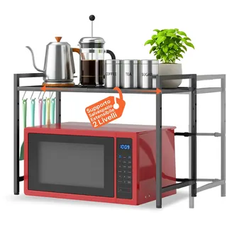 Avilia - Ausziehbares Küchenregal, Regal mit 2 Ebenen, verstellbar mit Haken für Utensilien, ideal als Ablage für Mikrowelle, Ofen und Küchenregal, platzsparend