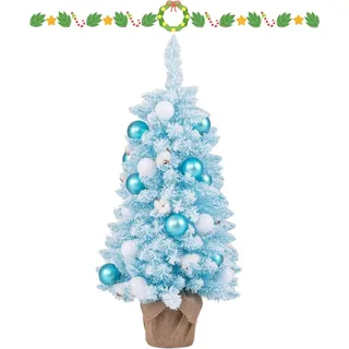 KOMFOTTEU 90 cm Künstlicher Weihnachtsbaum, Tisch Christbaum mit 24 dekorativen Kugelornamenten & 12 natürlichen Wattekugeln, Tannenbaum für Haus, Büro (Blau) - Blau