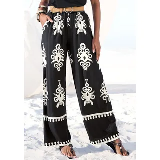 Palazzohose LASCANA "mit Ethno-Print und weitem, luftigem Bein", Damen, Gr. 34, N-Gr, schwarz (schwarz, sand bedruckt), Web, Obermaterial: 100% Viskose, bedruckt, figurumspielend lang, Hosen Palazzohose, leichte Sommerhose aus Webware, Topseller