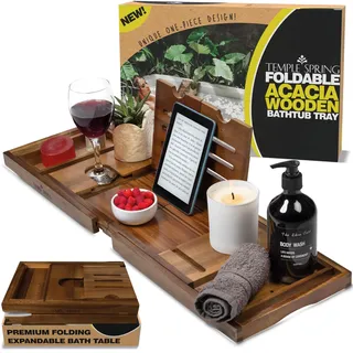 Temple Spring Klappbare Badewannenablage aus Akazienholz, Holz Badregal mit Ausziehfunktion, Spa Brett für Erwachsene, Badewannencaddy, Holz Badezimmer Zubehör Set – Nicht Teak