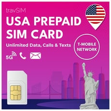 travSIM USA SIM Karte | T-Mobile Netz | Unbegrenzte Daten, Anrufe & Texte in den USA | SIM Karte USA funktioniert auf iOS & Android Geräten | SIM USA 12 Tage