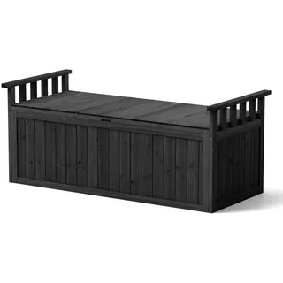 FANTASK 209 L Gartenbox Holz, 128 x 58 x 53 cm, Auflagenbox Outdoor mit Armlehnen & Deckel & Griff, Aufbewharungsbox für Garten Terrasse (Schwarz)