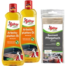 POLIBOY Arbeitsplattenöl - Holzöl für Massivmöbel - Öl zur Holzpflege und Holzschutz - 2x 500ml - Mit Baumwolltuch - Made in Germany
