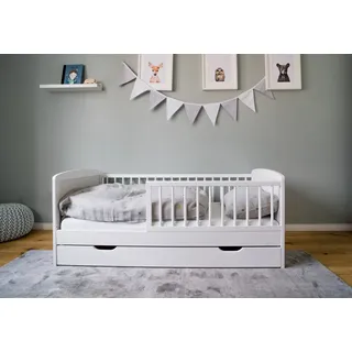 Kids Collective Kinderbett 70x140 cm mit Lattenrost, und Raufallschutz Vollholz in weiß - 70 x 140 perfekte Größe nach Gitterbett Babybett - Weiß