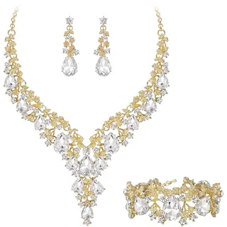 Clearine Damen Hochzeit Braut österreichischen Kristall Teardrop Blume Cluster Statement Halskette Ohrringe und Armband Schmuck-Set für Prom Klar Gold-Ton