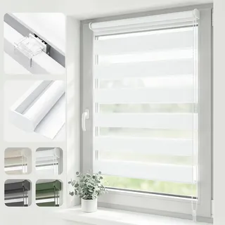 SALCAR Doppelrollo Klemmfix ohne Bohren, Duo Rollo & Zebra Rollo für Fenster, Stufenloser Sicht- und Sonnenschutz, mit Oberschiene & Metallkern-Klemmen,Weiß, B 40 x H 150 cm