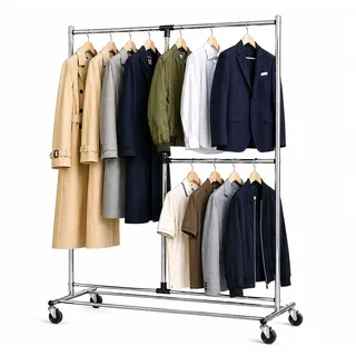 Tatkraft Marvel - Schwerlast Kleiderständer mit Rollen, Verchromt Stahl | Kleiderständer auf Rollen, bis 80kg, 45 Kleiderbügel, 2 Verstellbare Kleiderstangen, Stabiler Garderobenständer, 116x49x188cm
