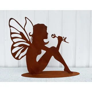 Gartenfigur Elfe riecht am Blume 40x38cm auf Platte Edelrost Gartendeko Wetterfest Rost Metall Rostfigur Fee Gartenelfe Gartenfee von Steinfigurenwelt