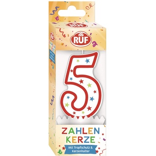 RUF Zahlenkerze Nummer 5, rote Geburtstags-Kerze mit bunten Sternchen, hochwertige Jubiläums-Kerze mit Tropfschutz, ideal als Kuchen Deko, 1 Stück