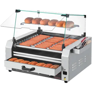 Vevor Hot Dog Grill Maschine 30 Hot dogs 11 Rollen Edelstahl, 2400 W, Elektrogrill mit Brötchenwärmer & Abdeckung (Glas + PC) & 3 Temperaturregler & seitlicher Aufbewahrungsbox & Ölauffangschale