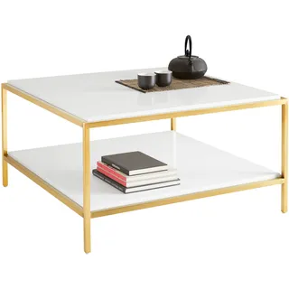 Couchtisch LEONIQUE "Cherlen, TOPSELLER, OTTOs Choice", weiß, B:90cm H:47,5cm T:90cm, Tische, Couchtisch, mit zwei Ablageflächen und goldfarbenem Gestell, quadratisch