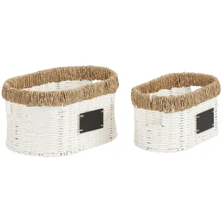 Household Essentials Natural Trim White Woven Baskets | 2 pc Paper Rope and Seagrass Weiße gewebte ovale Körbe mit natürlichem Rand, 2 Stück. Set aus Papierseil und Seegras, Papier