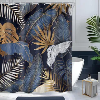 Cinbloo Marineblauer Duschvorhang, tropischer Duschvorhang, abstraktes Weißgold, Palmenblätter, hawaiianische Monstera, Badezimmervorhang, modern, botanische braune Pflanze, Badezimmer-Dekorstoff, 12