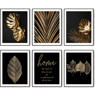 HoozGee Goldblatt-Kunstdrucke, modernes Schwarz-Gold, botanische tropische Pflanze, Blätter, Kunst, Wandbilder, Leinwanddrucke, Galerie, Wandkunst, Poster, Wanddekoration, Schlafzimmer, Zimmer,