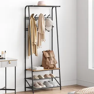GarveeHome Garderobenständer, 4-in-1 Kleiderständer mit Schuhablagen und 10 Abnehmbare Haken, 64x29x180cm Freistehend Kleiderständer für Flur, Wohnzimmer, Eingänge