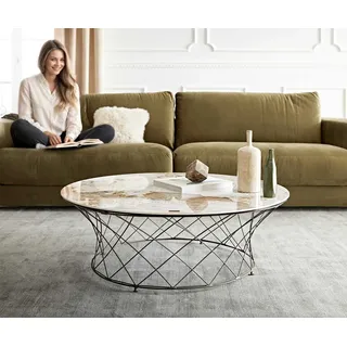 DELIFE Couchtisch Lassina 100x100 cm Keramik Minas Melange Weiß-Beige Gestell Metall Effektfinish Titan - Weiß