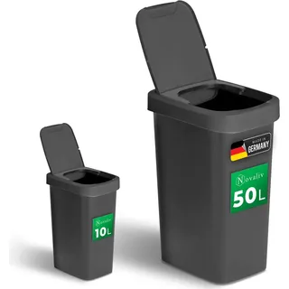 Novaliv Abfalleimer-Set 10L + 50L, Mülleimer mit 2in1 Deckel, Klappdeckel & Schwingdeckel, Anti-Geruch Mülleimer für Küche Haushalt Büro, Müll Eimer Abfall Trash Kunststoff Abfallbehälter