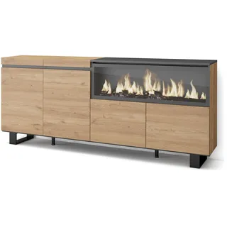 Skraut Home | Sideboard, Highboard | Kommode, Komodenschrank | 210 | 4 Türen | Elektrokamin XXL | Industriedesign | Moderner Stil | Eiche