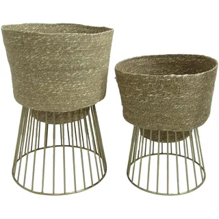 DRW Set mit 2 Pflanzgefäßen mit Korbfuß und Metall in Natur und Gold, 28 x 28 x 42 und 24 x 24 x 33 cm